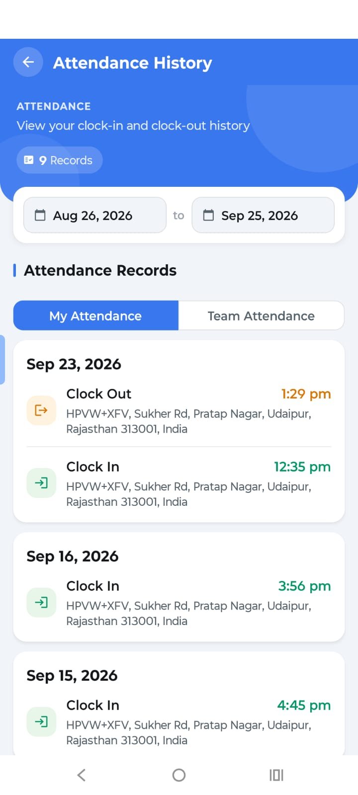 Attendance Tracking Screen
